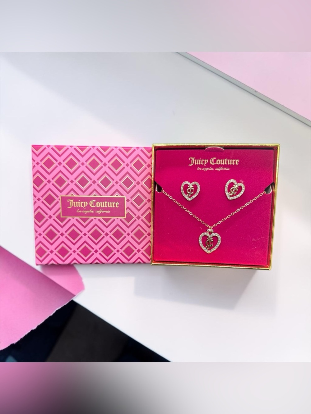 🩷JUICY COUTURE🩷Gold-Tone Pavé Heart Necklace and Stud Earrings Set/NIB